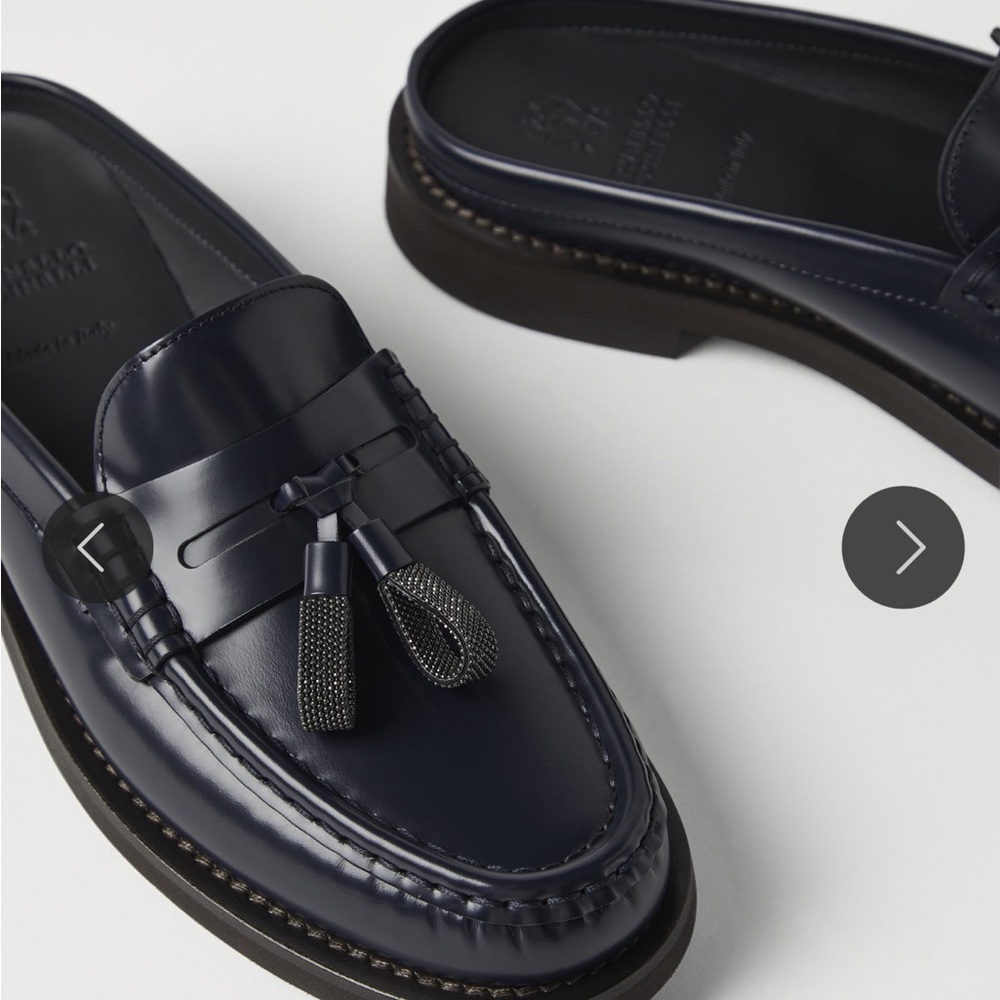 Brunello Cucinelli Leather Tassel Mule Loafers | Navy Monili | Size 39 - Picture 5 of 5